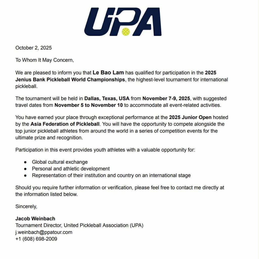 Thư mời từ Liên đoàn Pickleball Hoa Kỳ (UPA) đã được gửi đến tài năng trẻ Lê Bảo Lâm 
